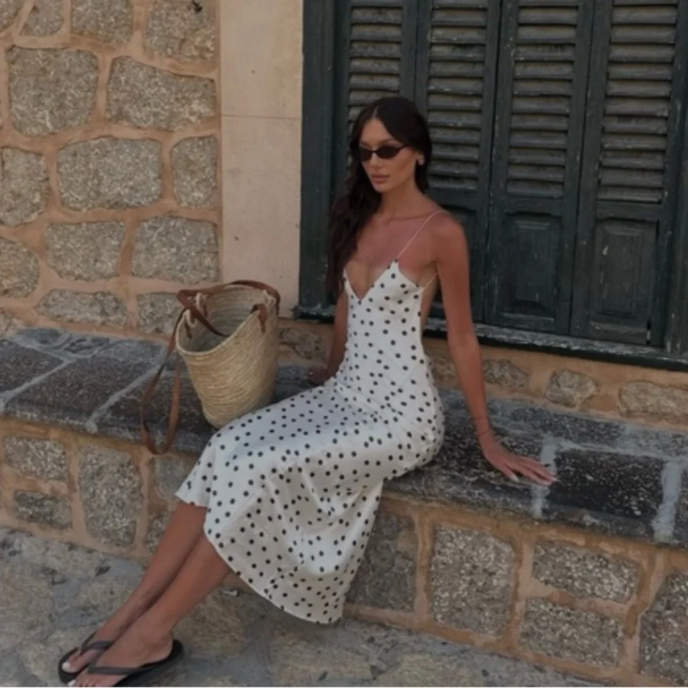 Zara NWT satin polka dot midi dress white with brown 3067/214 - Picture 6 of 16